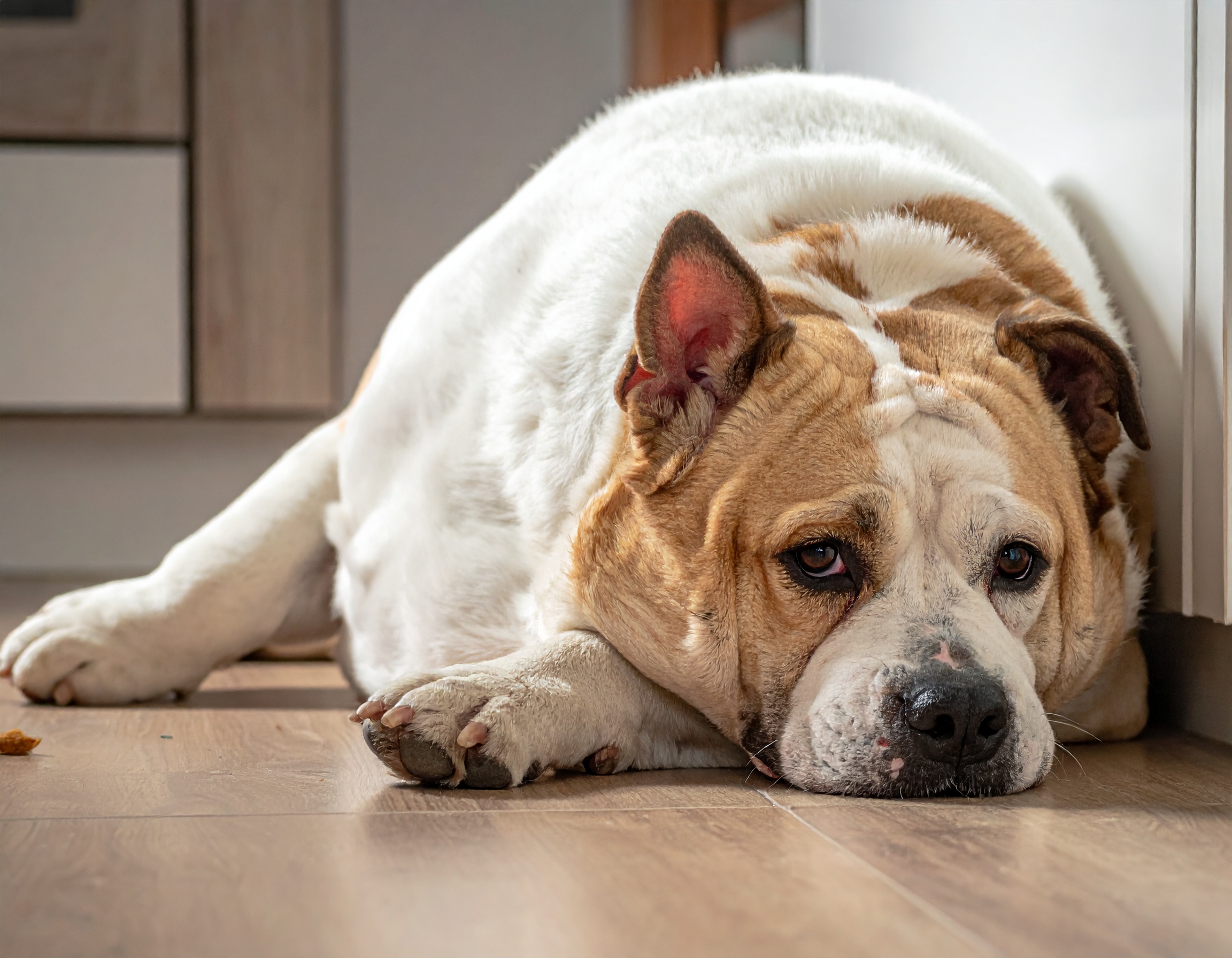 Übergewichtiger Hund liegt auf dem Boden – Adipositas bei Hunden erkennen - Ernährungsberatung für übergewichtige Hunde – Hilfe bei Adipositas