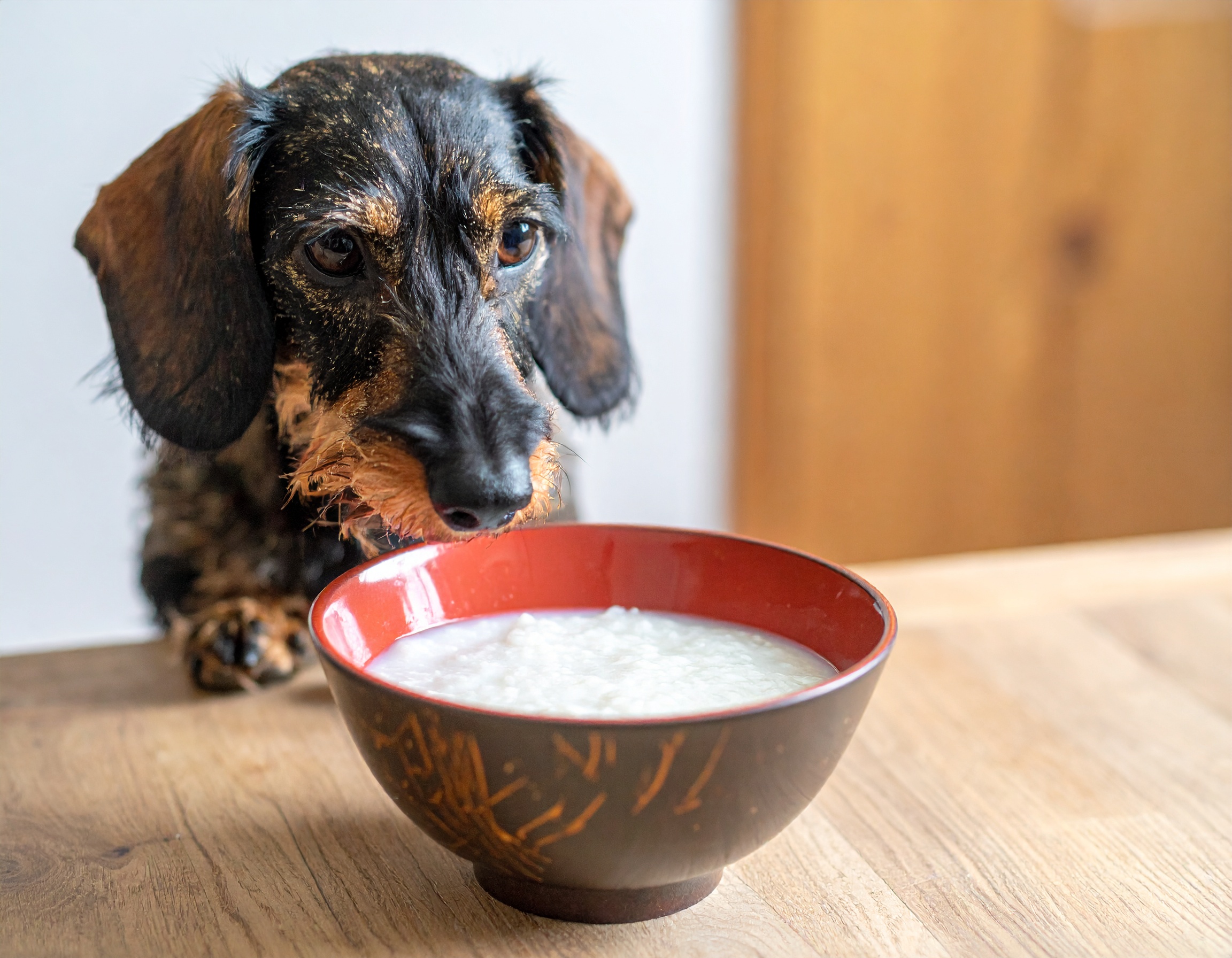 Lange gekochter, schleimiger Reisbrei (Congee) für Hunde, der als natürlicher Schleimhautschutz bei Durchfall dient.