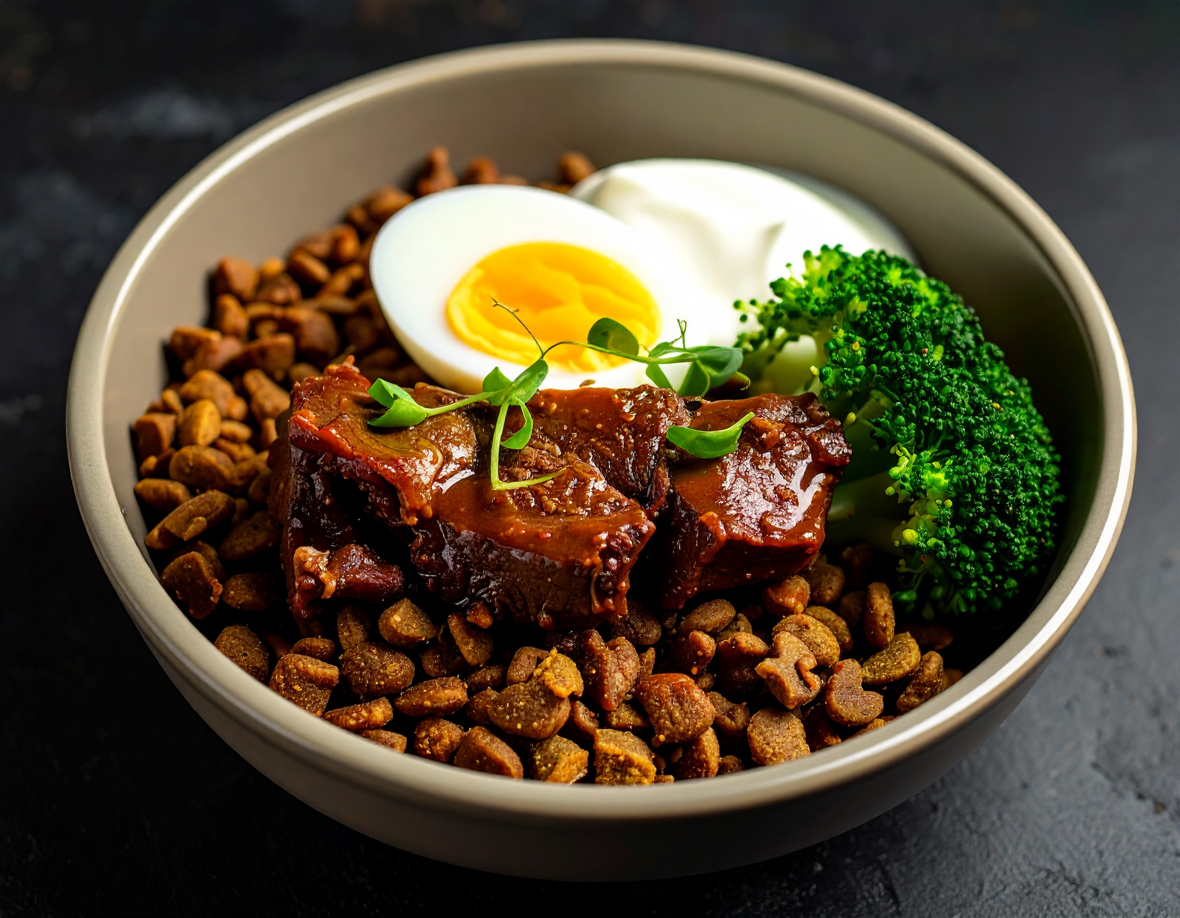 Ein Napf mit Trockenfutter, der mit frischem Gemüse, Ei und hochwertigen Ölen gesund aufgewertet wird.