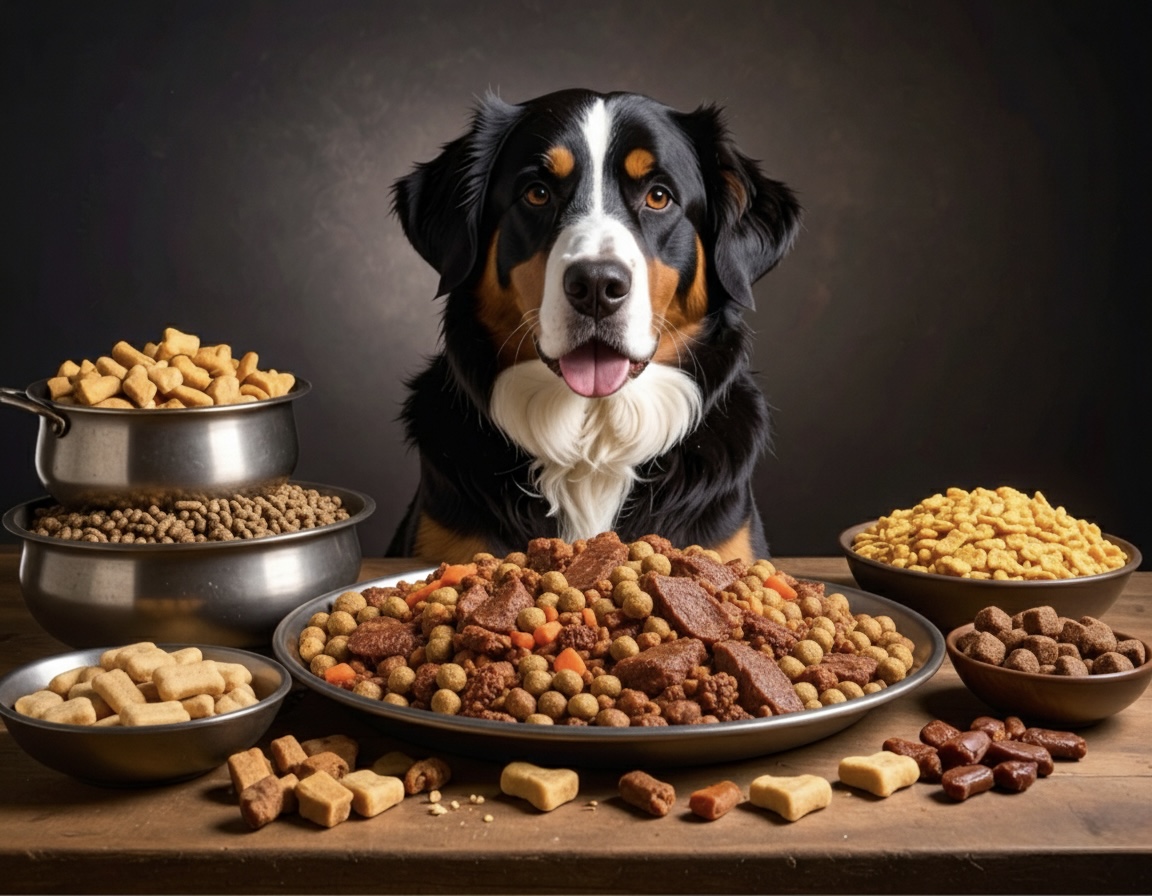 Ein Hund der vor einem Tisch mit verschiedenem Trockenfutter sitzt und überlegt ob Trockenfutter gesund ist oder nicht.