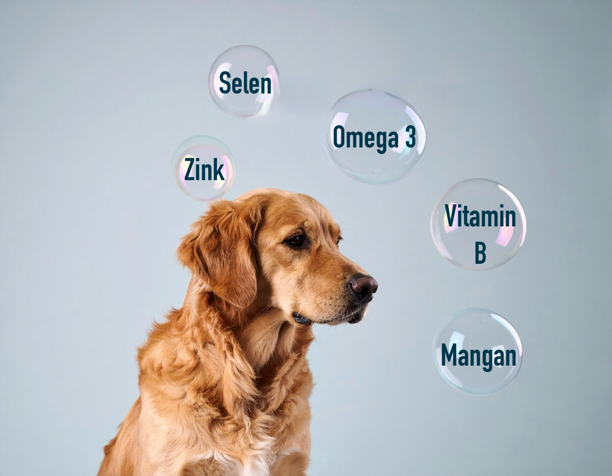 Illustration eines Hundes mit Gedankenblasen, in denen verschiedene Nährstoffe wie Vitamin B, Omega-3 und Zink stehen – verdeutlicht den komplexen Nährstoffbedarf und die Vermeidung von Mangelerscheinungen