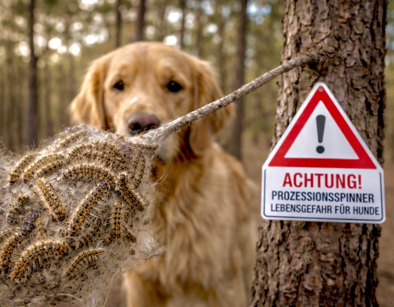 Hund vor Pinienbaum mit Warnschild vor Prozessionsspinnern