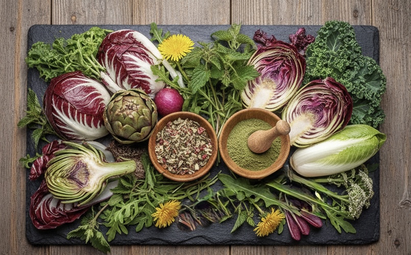 Bitterstoffe für den Hund zB frisches Gemüse wie Chicorée, Artischocke und Fenchel oder Kräuter wie Löwenzahn, Brennessel, Mariendistel.