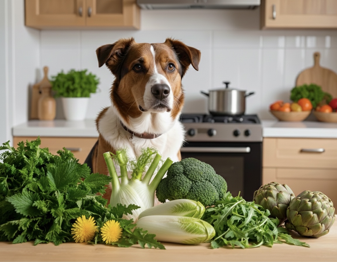 bitterstoffe-hund-gemuese-verdauung-leber Hund sitzt vor frischem bitterem Gemüse wie Chicorée, Artischocke und Fenchel in einer Küche.