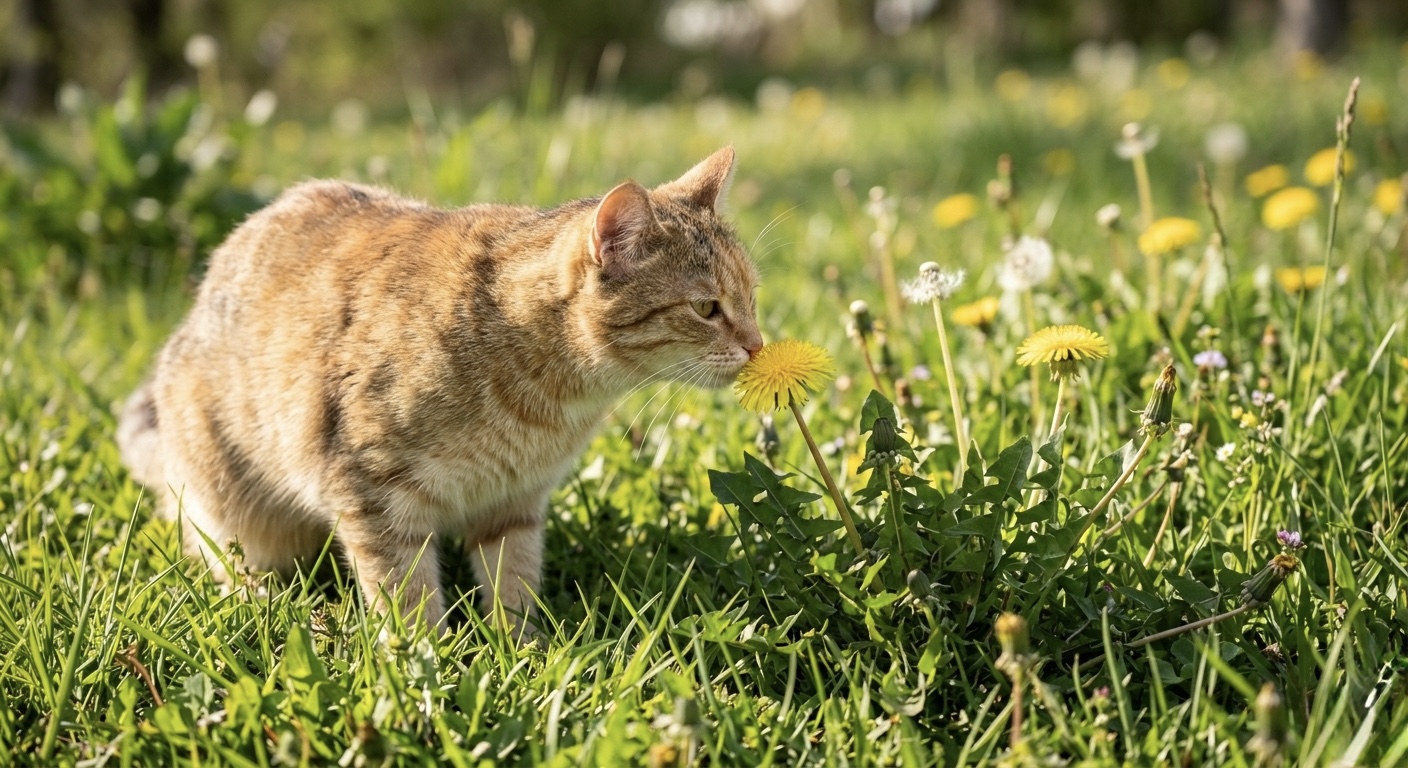 Eine fotorealistische Aufnahme einer hellbraun-getigerten Katze, die auf einer grünen Frühlingswiese an einer leuchtend gelben Löwenzahnblüte schnuppert.